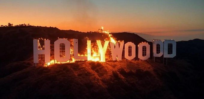 AI generated fake image of the Hollywood sign on fire. During the recent fires in Los Angeles, this fake image was being shared on social media as if it was true.