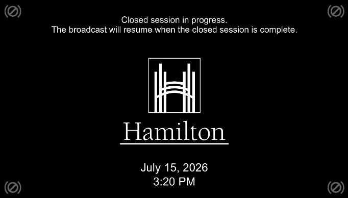 video still from Hamilton's City Council meeting on July 15th. The meeting is in closed session.
