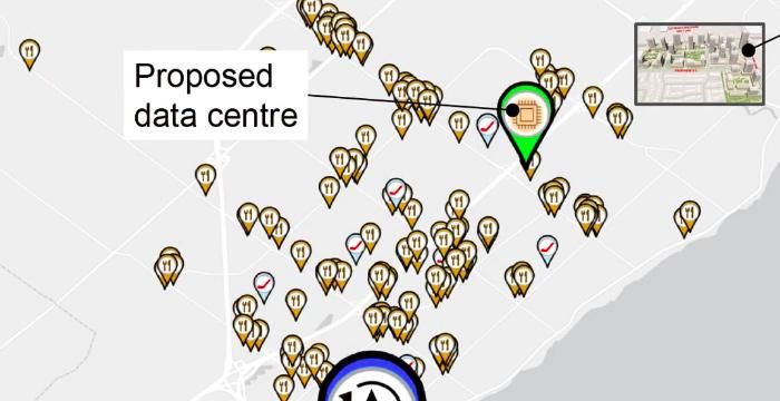 street map with various markers on it. One has a large tag on it that says 'proposed data centre'. The image is an alternate map of the one discussed at the end of the piece.