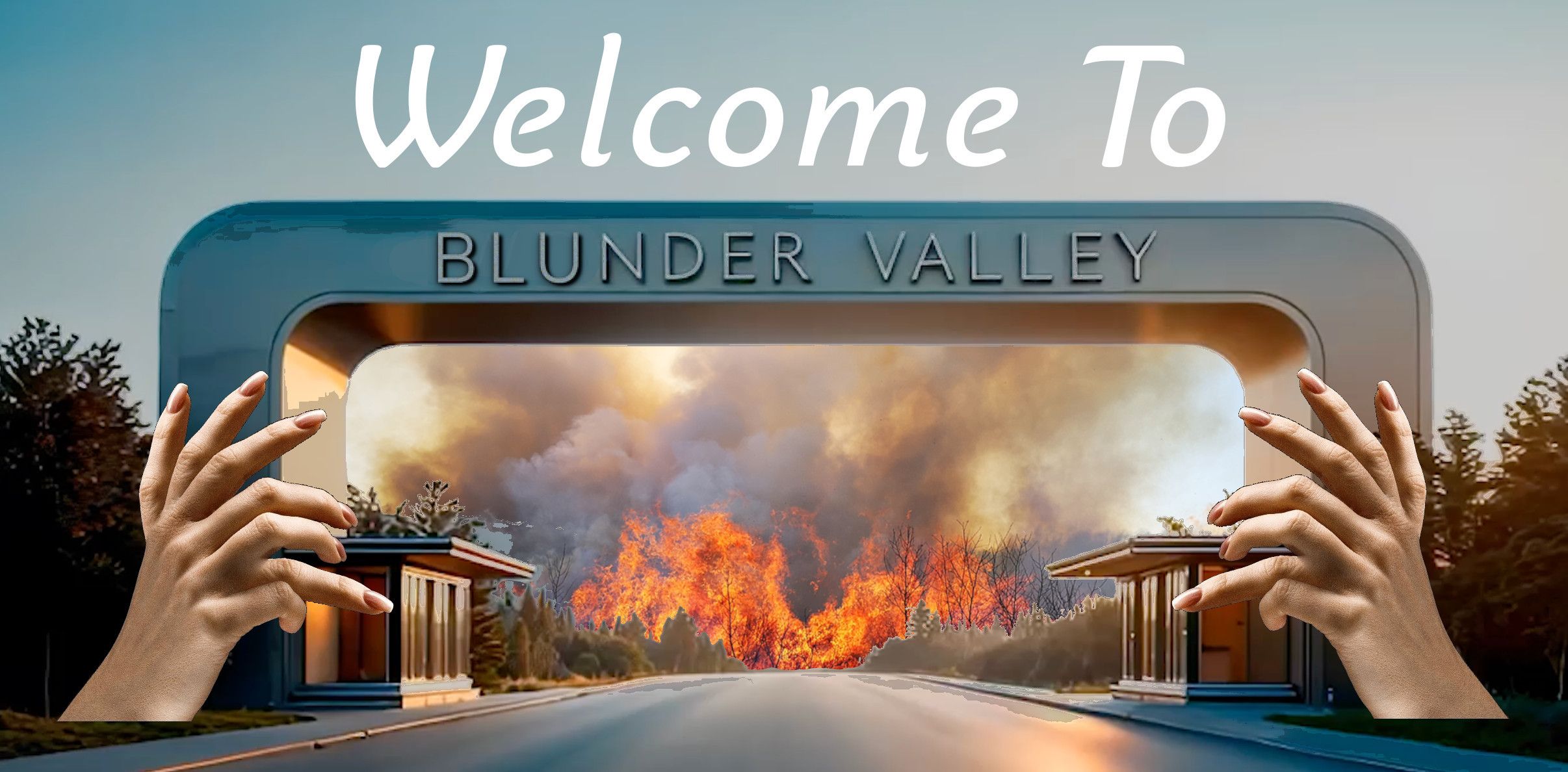 Parody of Wonder Valley's promotional imagery. A sign above a road reads 'Blunder Valley', and looking further down the road we see a forest in flames. beside the road are hands with extra fingers growing out of the earth.