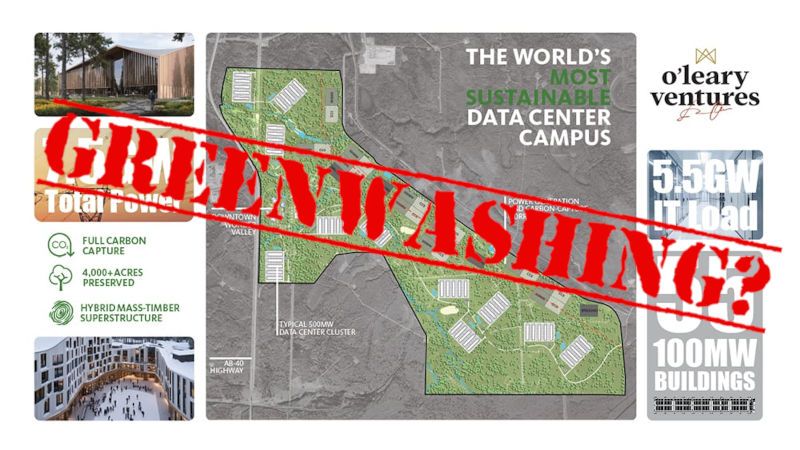 Infographic from the Wonder Valley website, with a map of the proposed site, and text claiming that the project will be 'the world's most sustainable data center campus' and that it will have 'full carbon capture'. Overlaid is text in a red stamp font that asks a simple question: greenwashing?