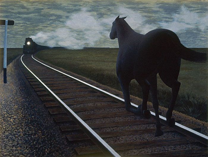 Horse and Train, 1954 painting by Alex Colville. A surreal night-time image of a horse galloping down train tracks while a train speeds toward it in the other direction