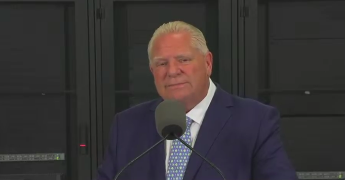 Doug Ford speaks at a press conference inside a data centre in Guelph, Ontario on August 13, 2026