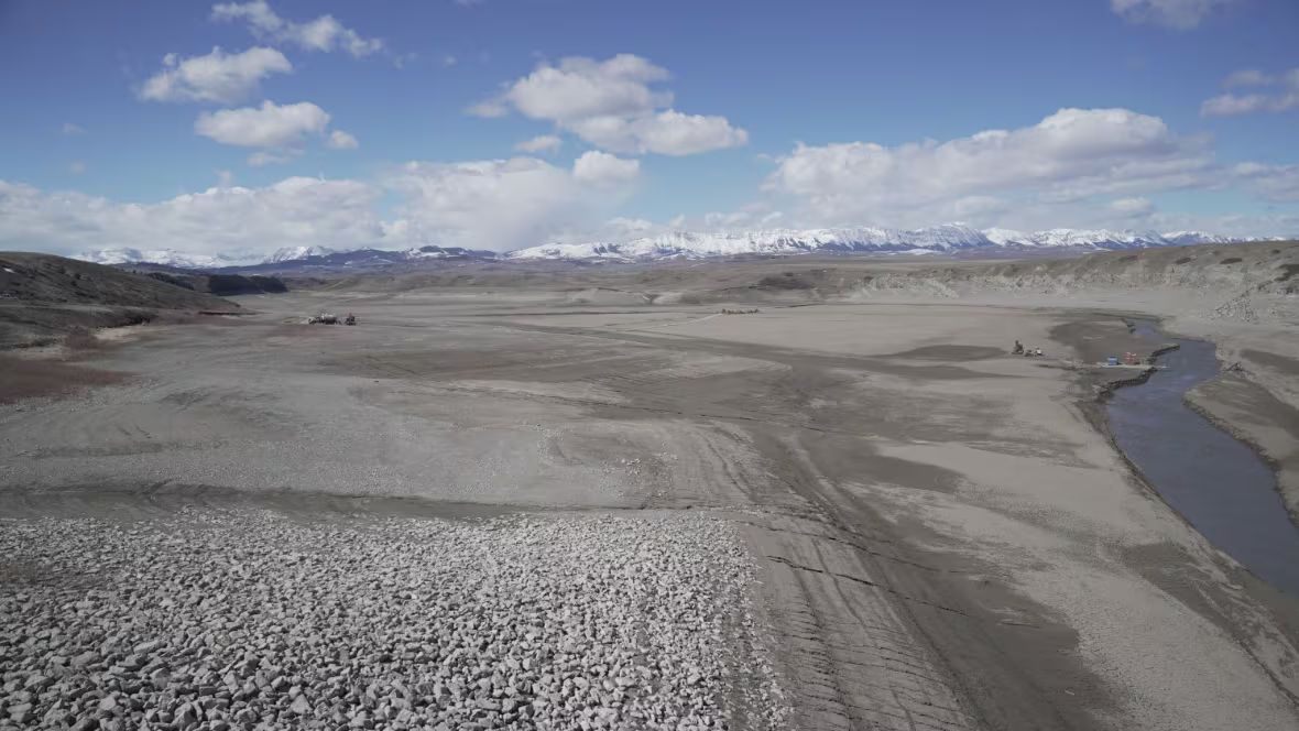 The Oldman Dam reservoir, almost completely dry